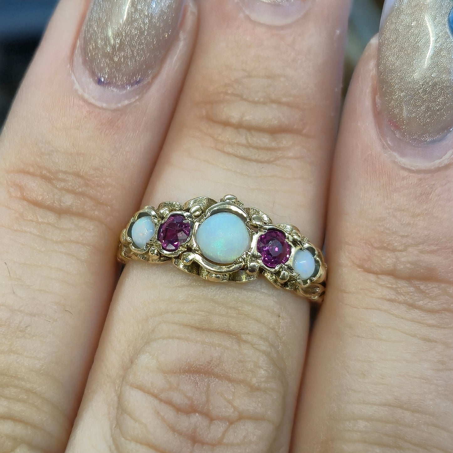 9ct Yellow Gold Vintage Opal and Ruby Five Stone Repro Row Ring
