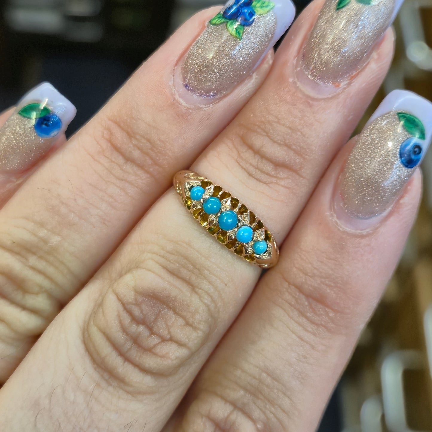 9ct Rose Gold Antique 5 Stone Turquoise Row Ring