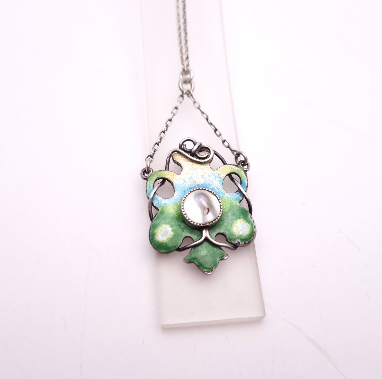 Sterling Silver Art Nouveau Blue / Green / Yellow Enamel and Pearl Necklace