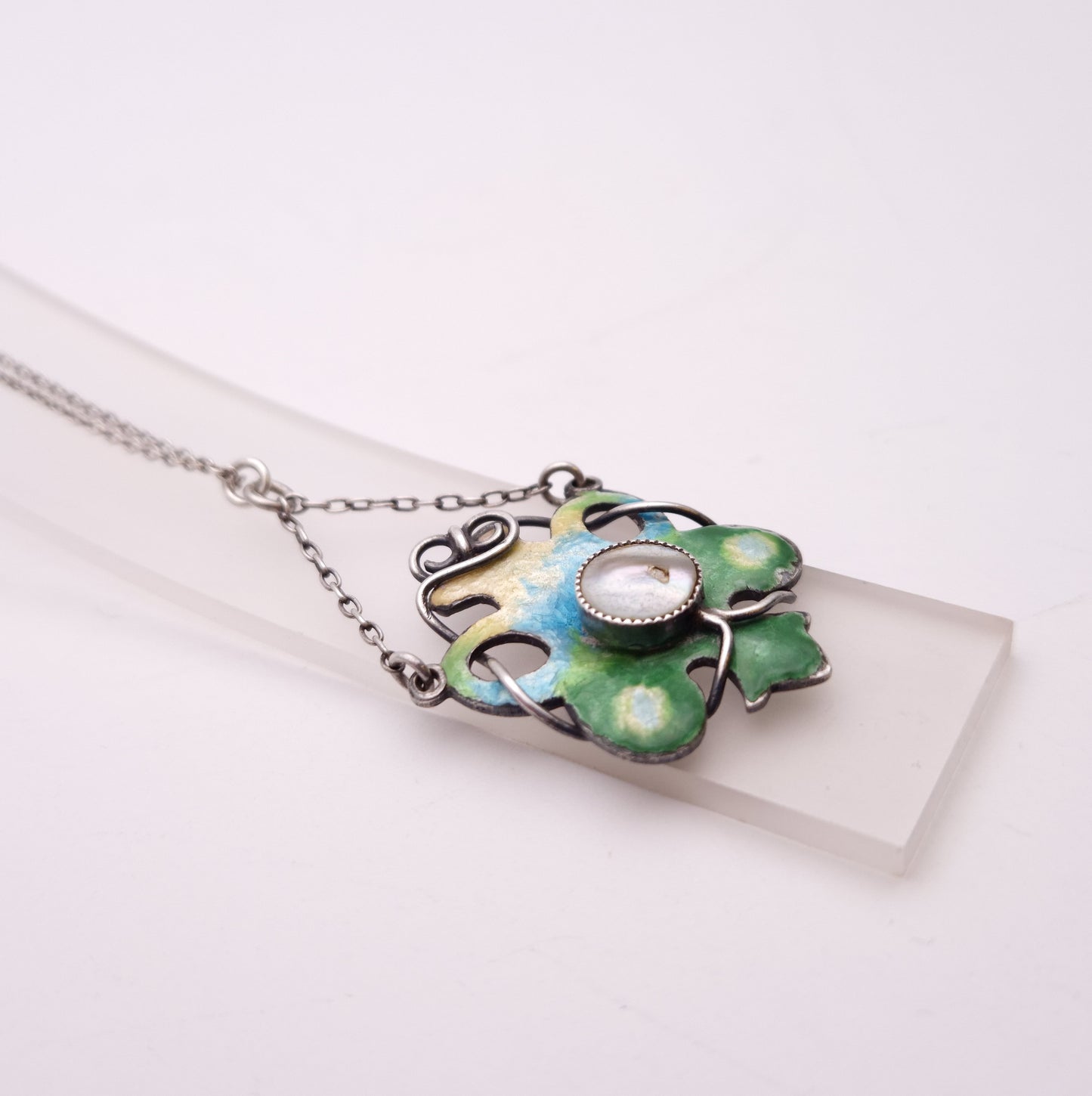 Sterling Silver Art Nouveau Blue / Green / Yellow Enamel and Pearl Necklace