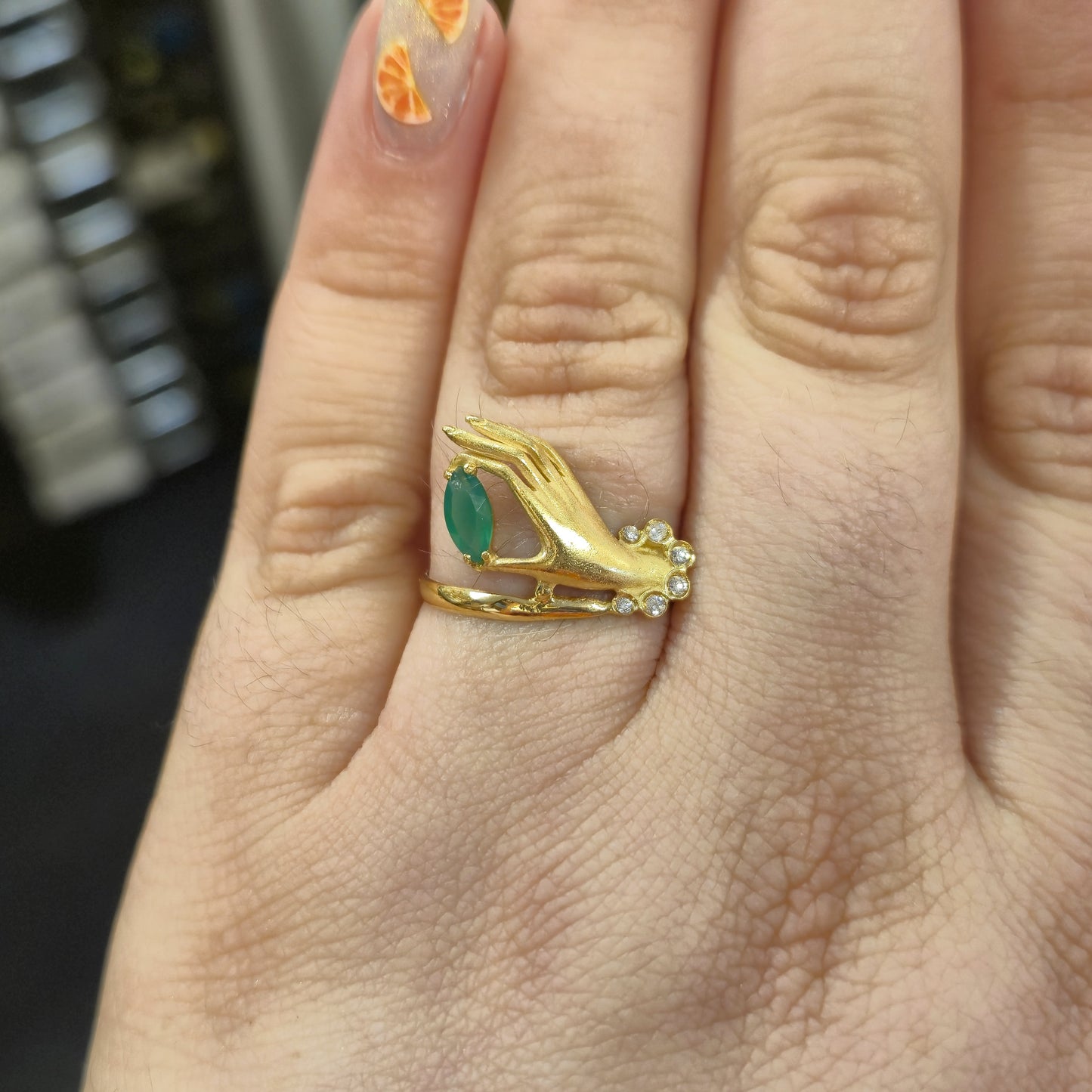 18ct Yellow Gold Chrysoprase and White Stone Hand Ring