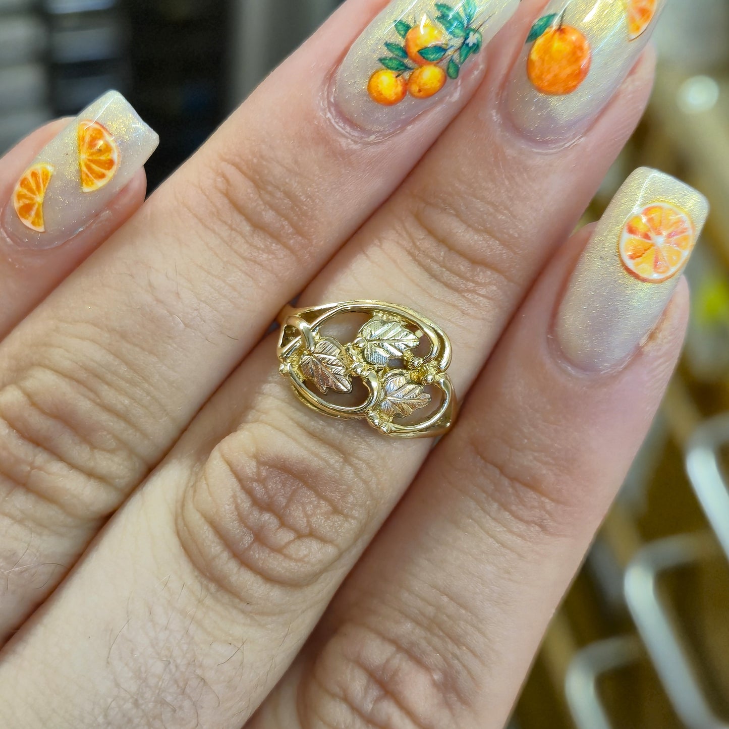 9ct Two Tone Yellow and Rose Gold Leaf Patterned Openwork Ring