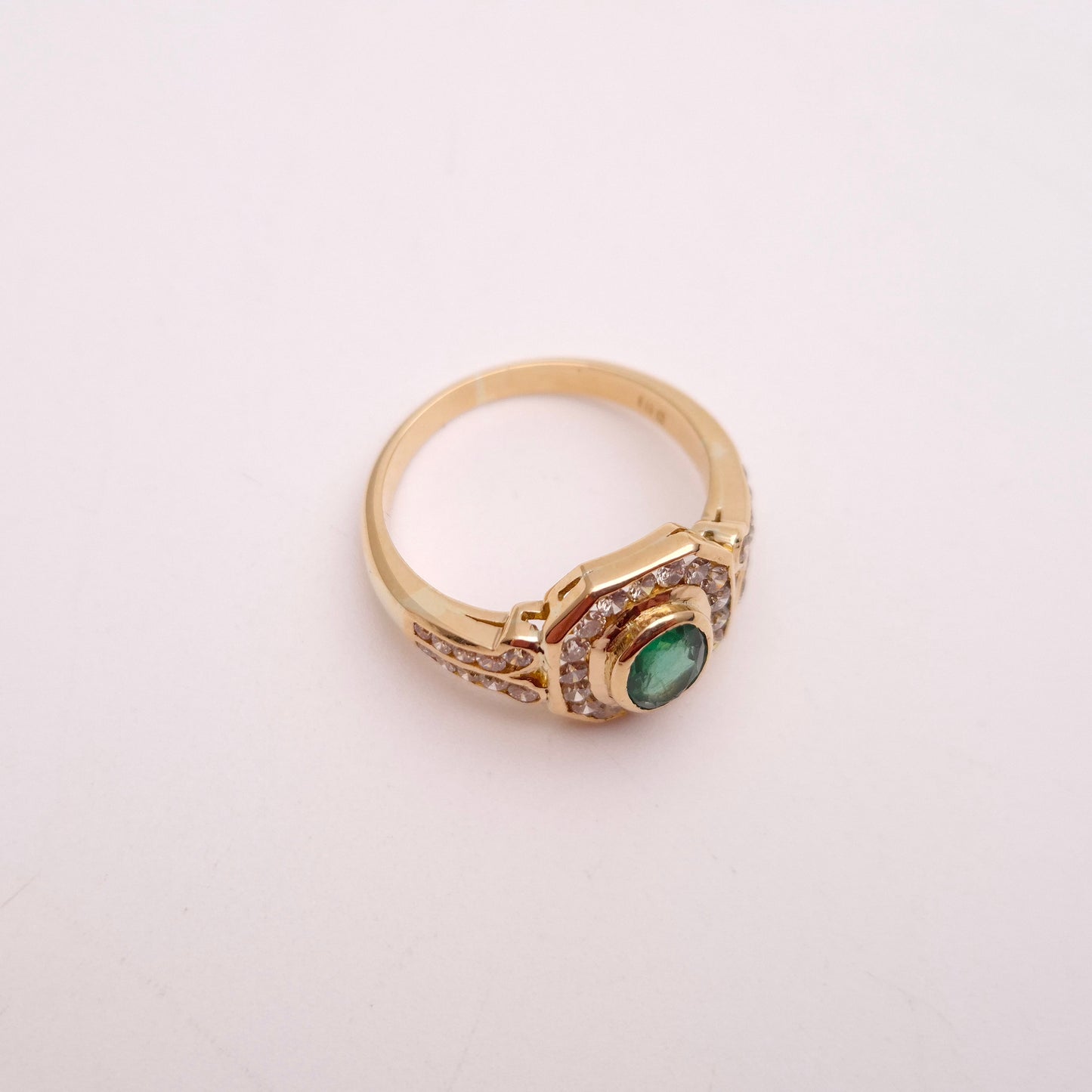 18ct Yellow Gold Emerald and Octagonal Diamond Halo Deco Style Cluster Ring