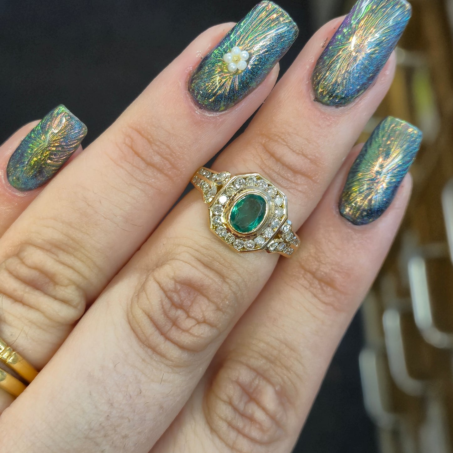 18ct Yellow Gold Emerald and Octagonal Diamond Halo Deco Style Cluster Ring