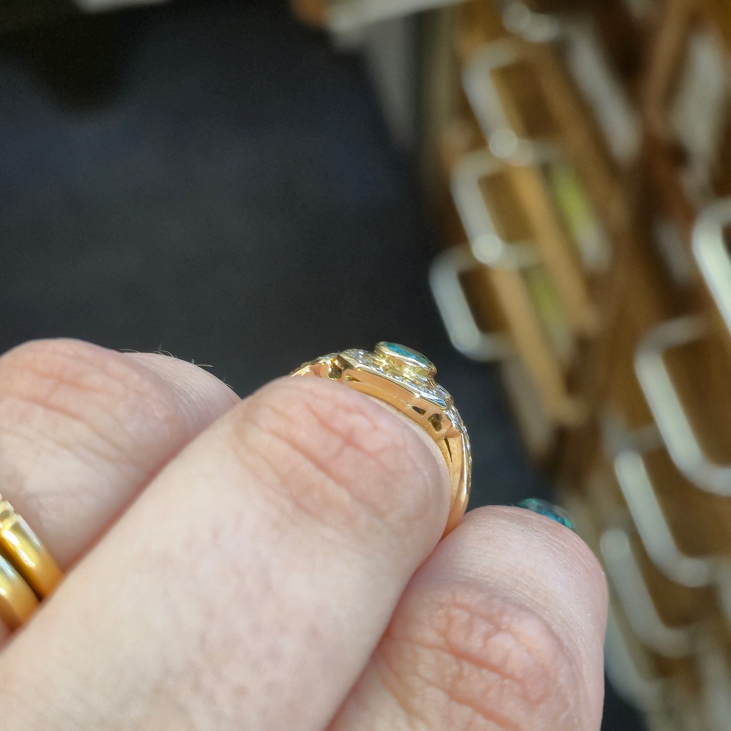 18ct Yellow Gold Emerald and Octagonal Diamond Halo Deco Style Cluster Ring