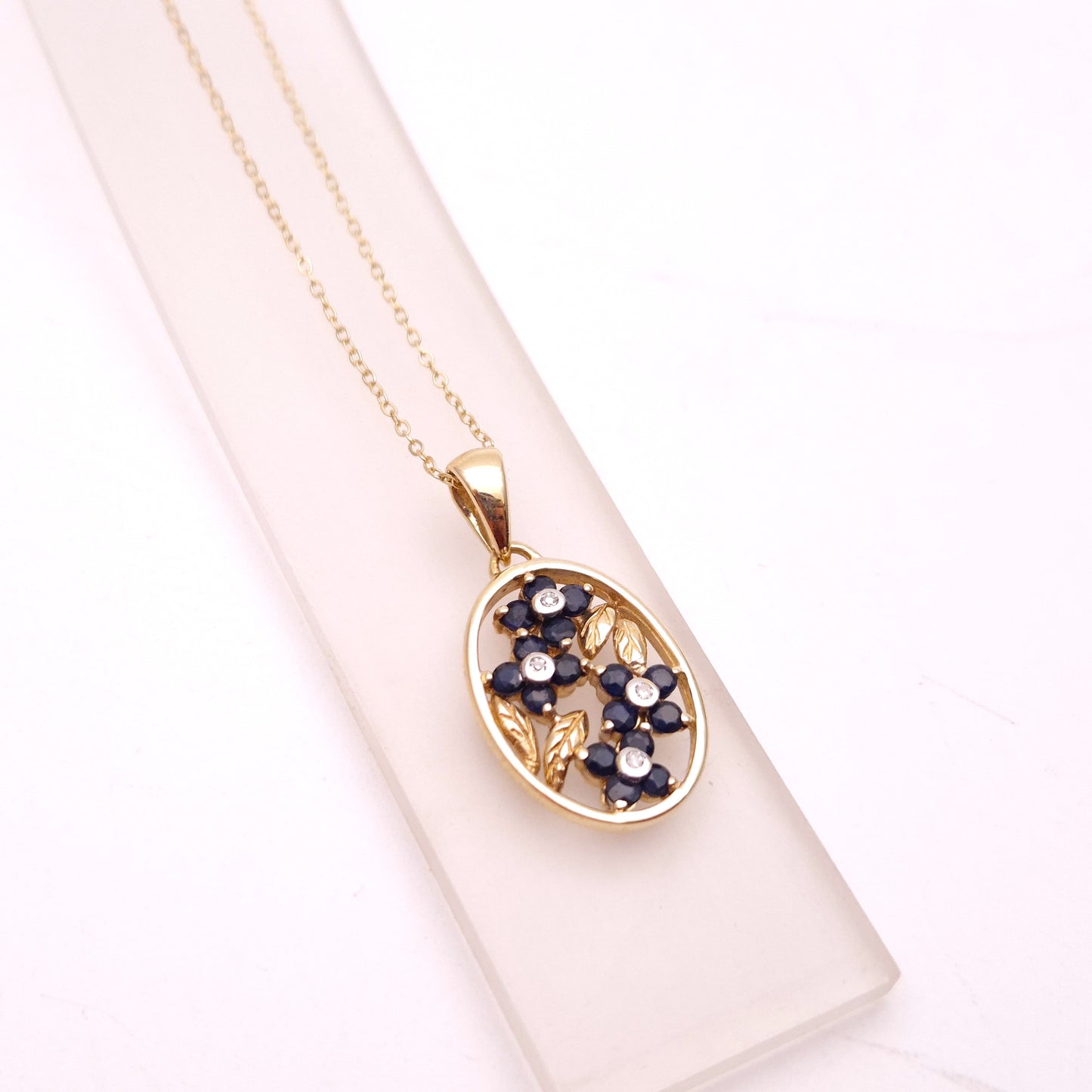 9ct Yellow Gold Sapphire and Diamond Oval Floral Panel Pendant & Chain Necklace