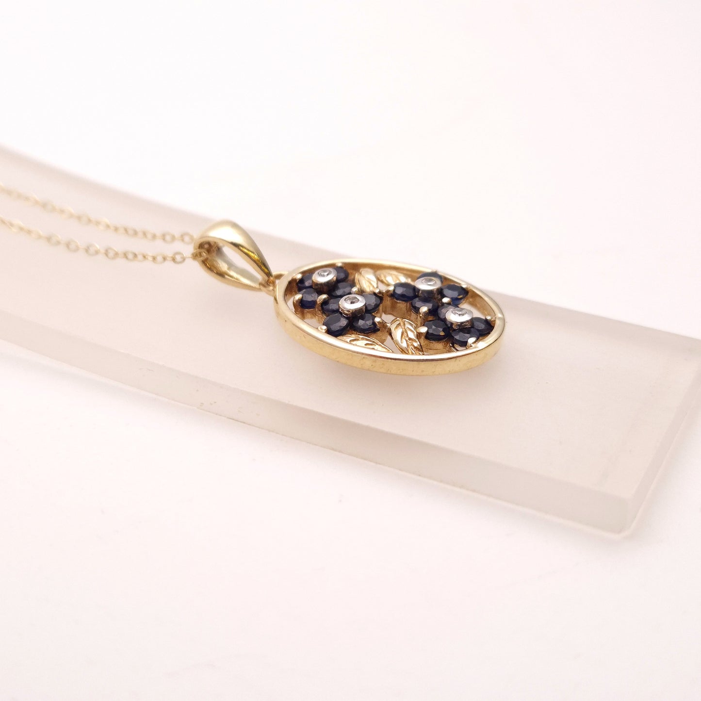 9ct Yellow Gold Sapphire and Diamond Oval Floral Panel Pendant & Chain Necklace