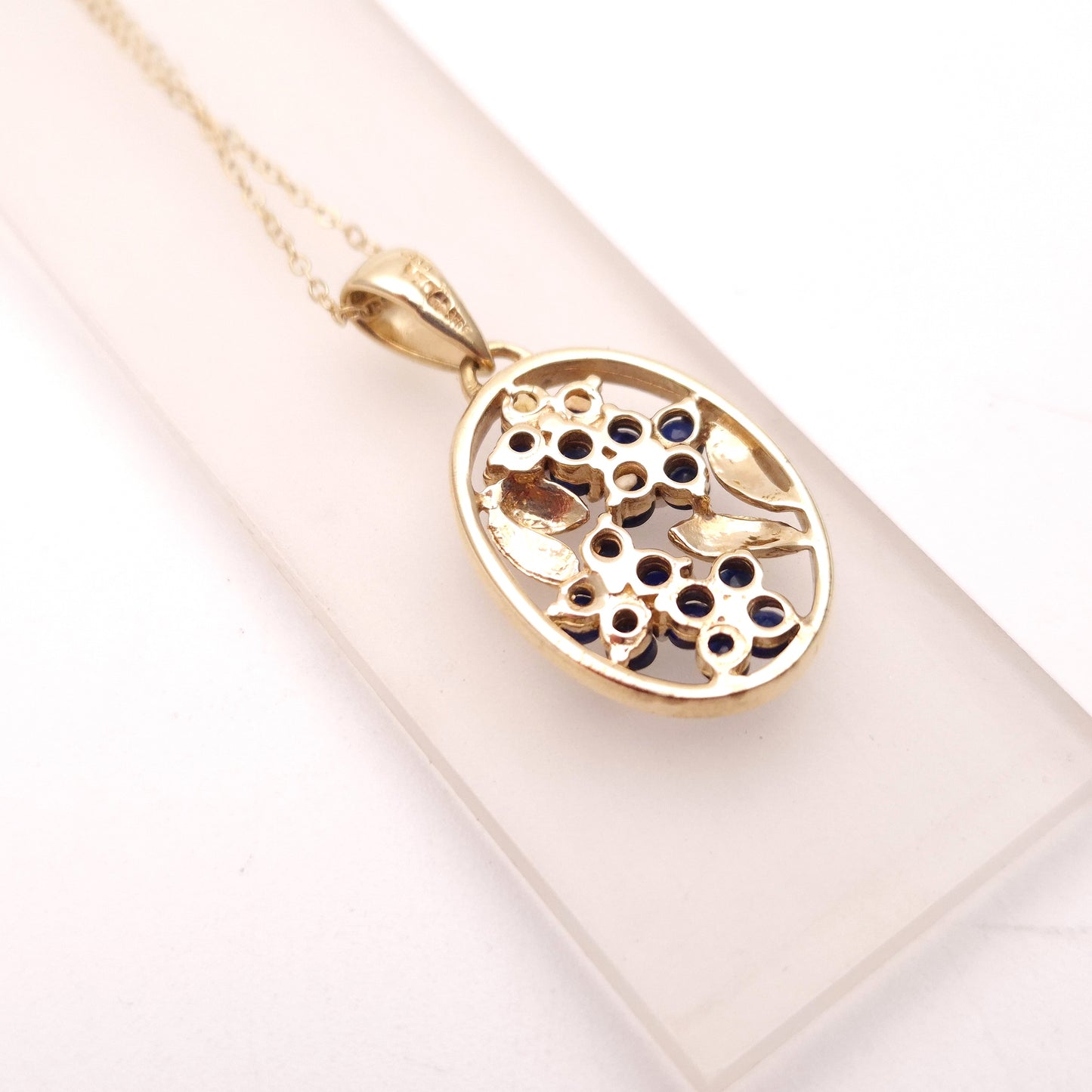 9ct Yellow Gold Sapphire and Diamond Oval Floral Panel Pendant & Chain Necklace