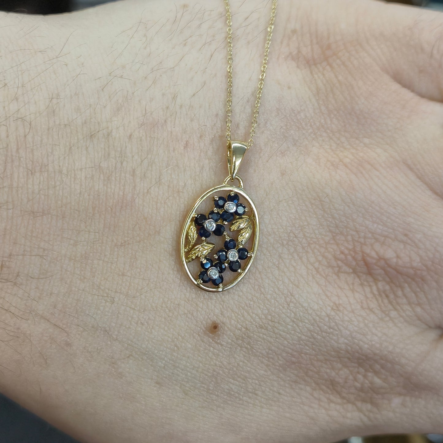 9ct Yellow Gold Sapphire and Diamond Oval Floral Panel Pendant & Chain Necklace