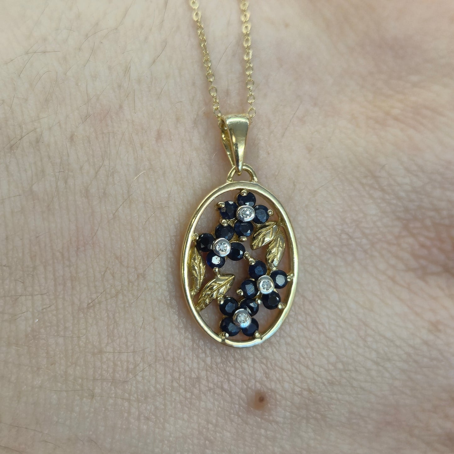 9ct Yellow Gold Sapphire and Diamond Oval Floral Panel Pendant & Chain Necklace