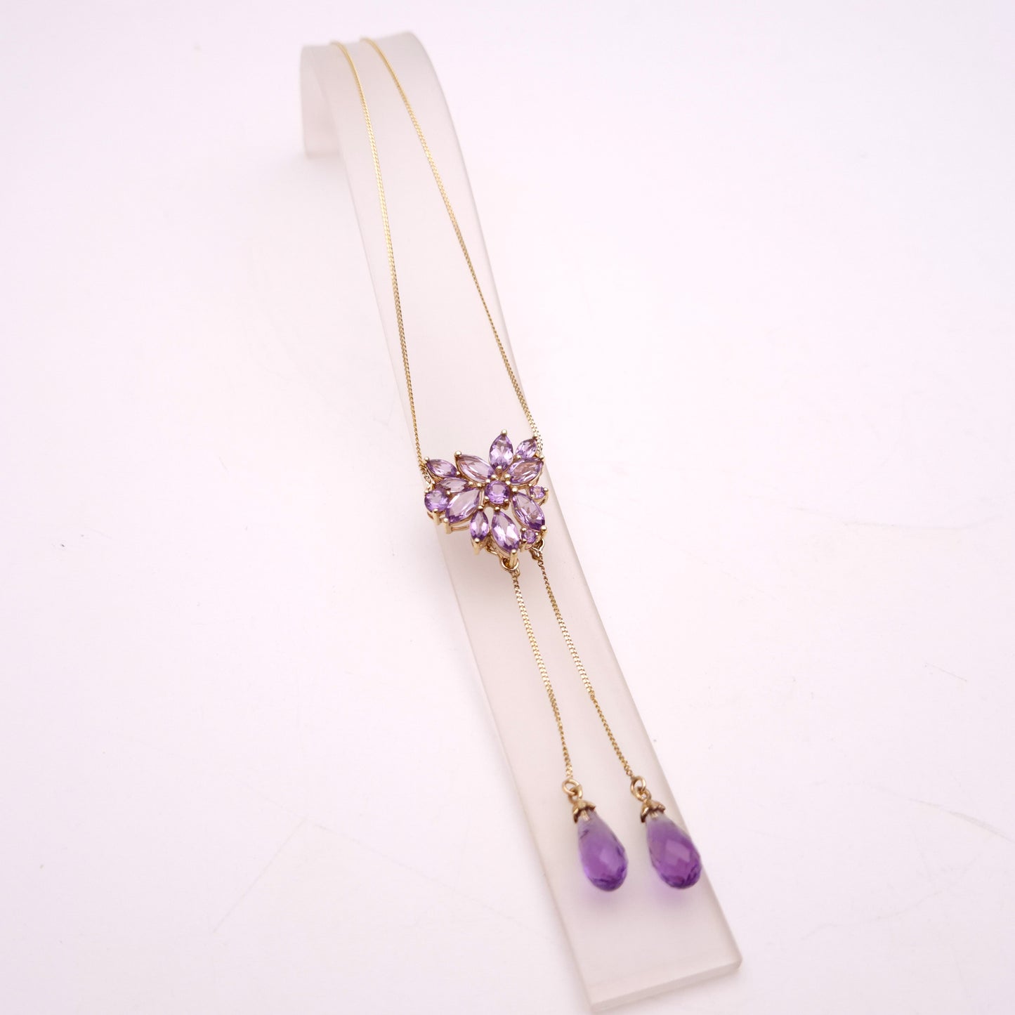 9ct Yellow Gold Amethyst Cluster Lariat Pendant with Removeable Briolette Drops