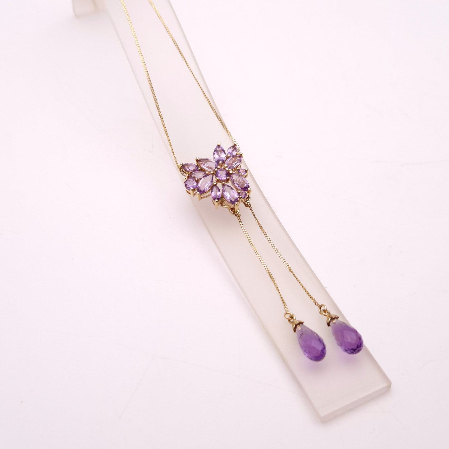 9ct Yellow Gold Amethyst Cluster Lariat Pendant with Removeable Briolette Drops