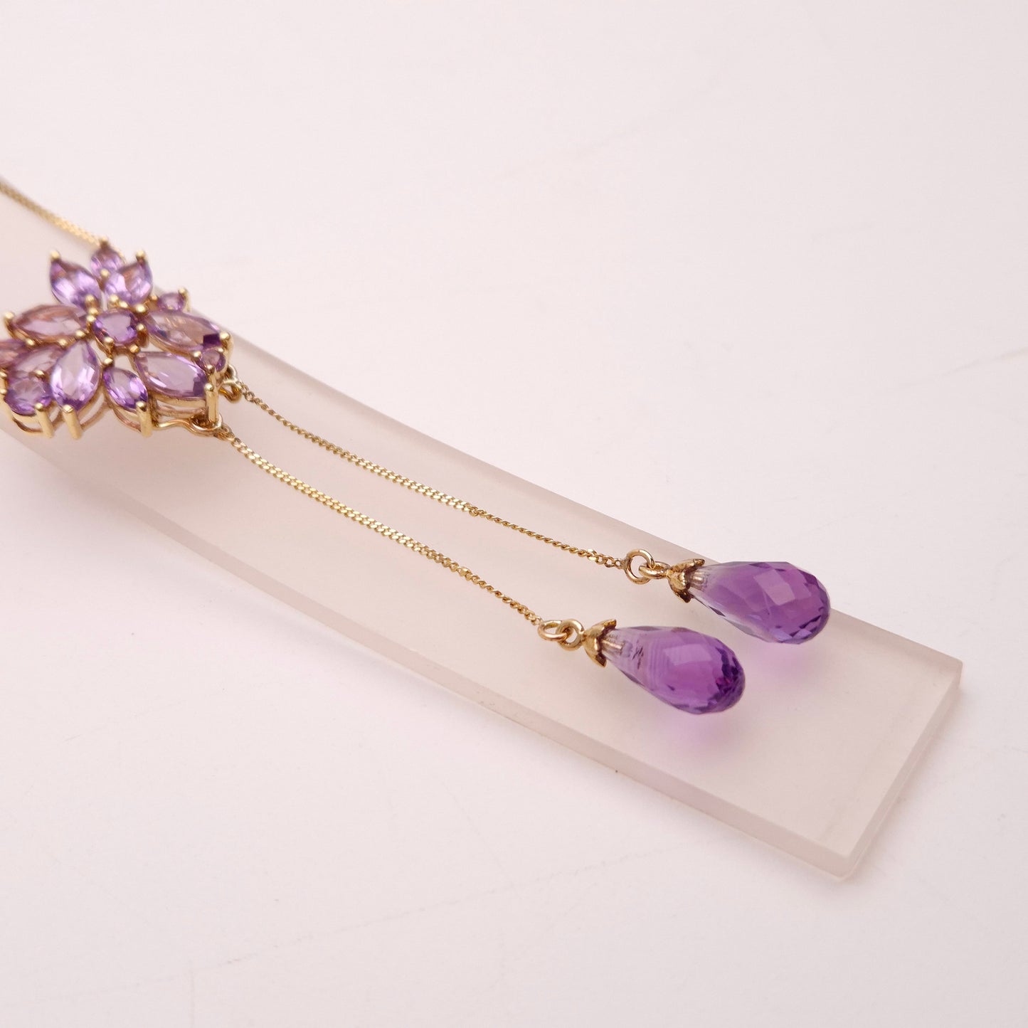 9ct Yellow Gold Amethyst Cluster Lariat Pendant with Removeable Briolette Drops