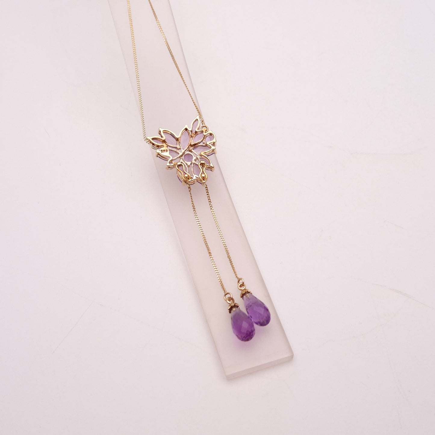 9ct Yellow Gold Amethyst Cluster Lariat Pendant with Removeable Briolette Drops