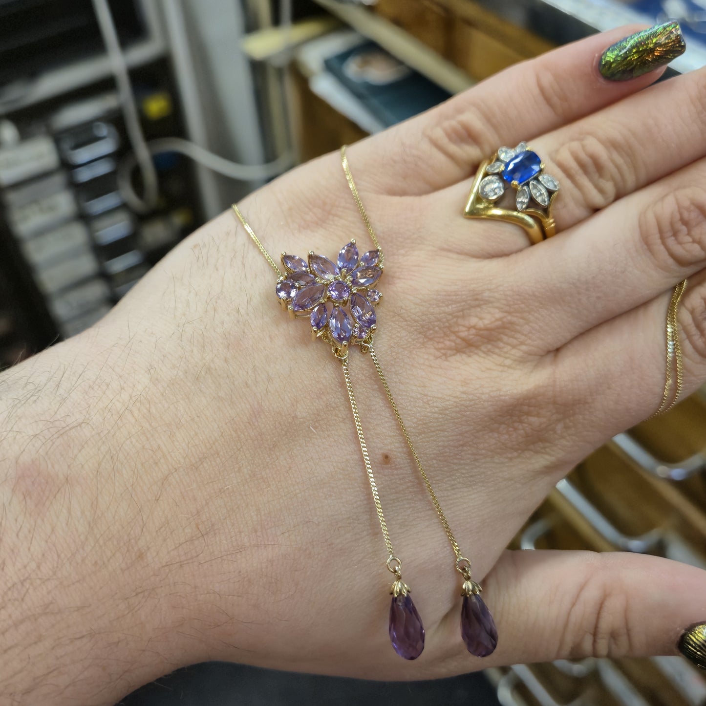9ct Yellow Gold Amethyst Cluster Lariat Pendant with Removeable Briolette Drops