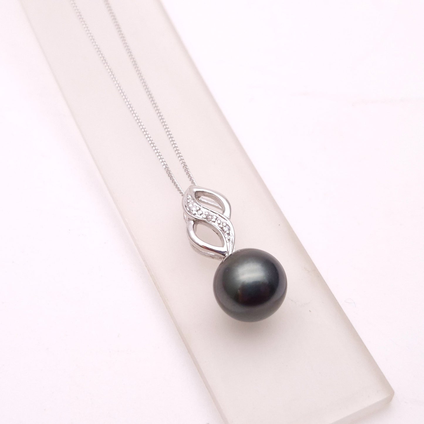 9ct White Gold Black Pearl and Diamond Pendant and Chain Necklace