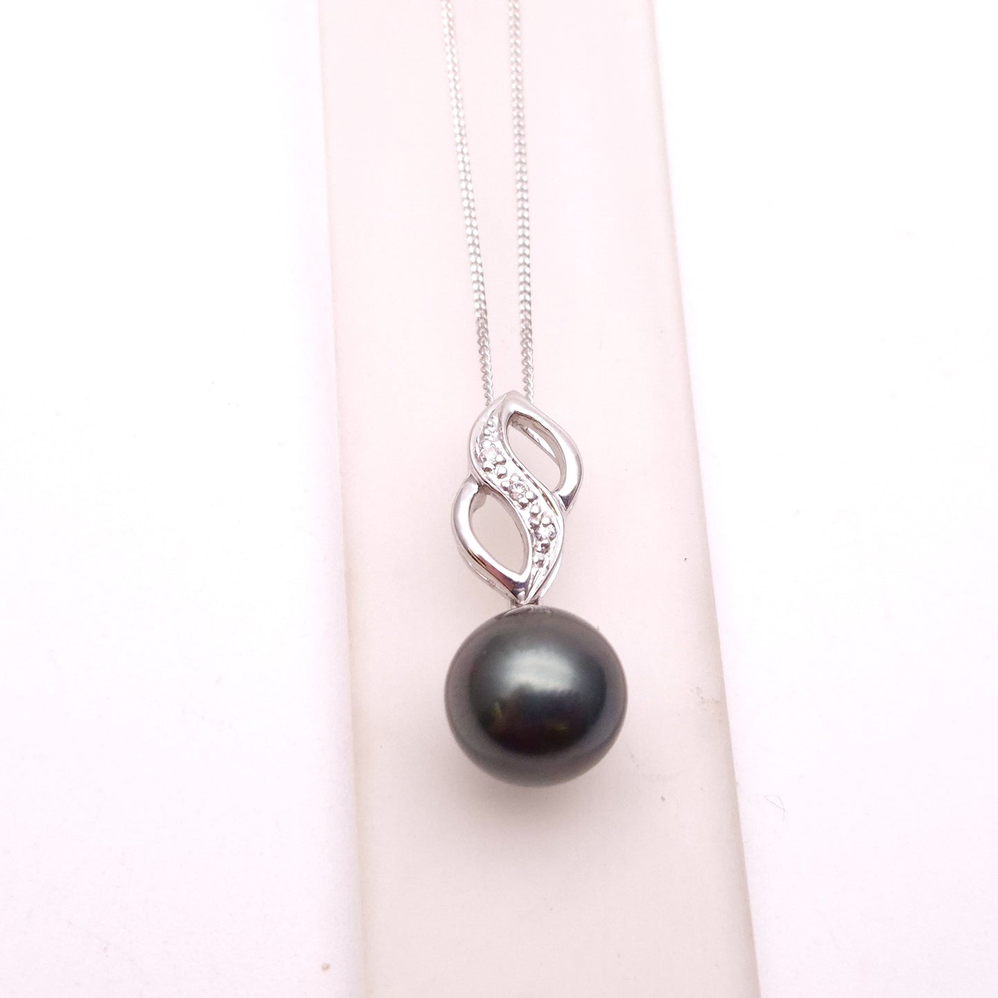 9ct White Gold Black Pearl and Diamond Pendant and Chain Necklace