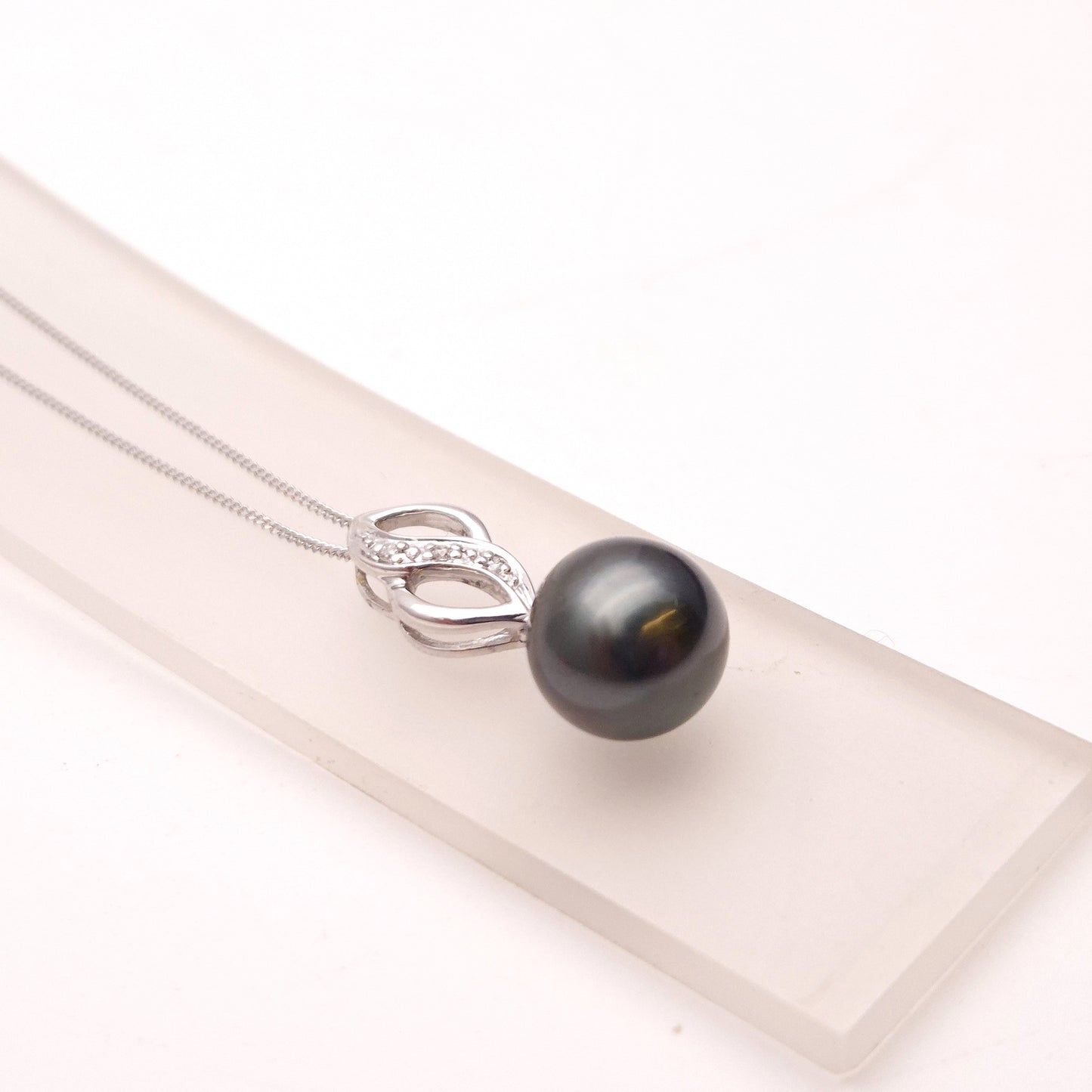 9ct White Gold Black Pearl and Diamond Pendant and Chain Necklace