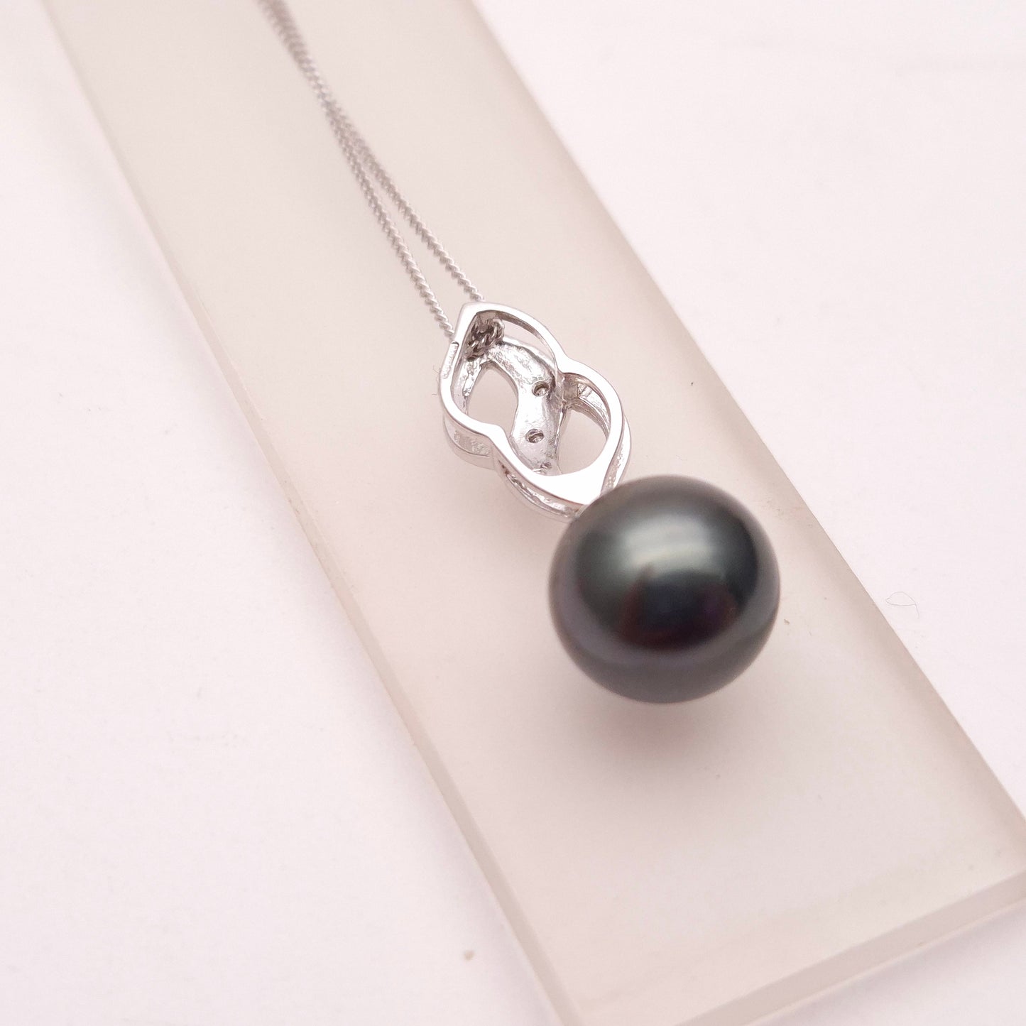 9ct White Gold Black Pearl and Diamond Pendant and Chain Necklace
