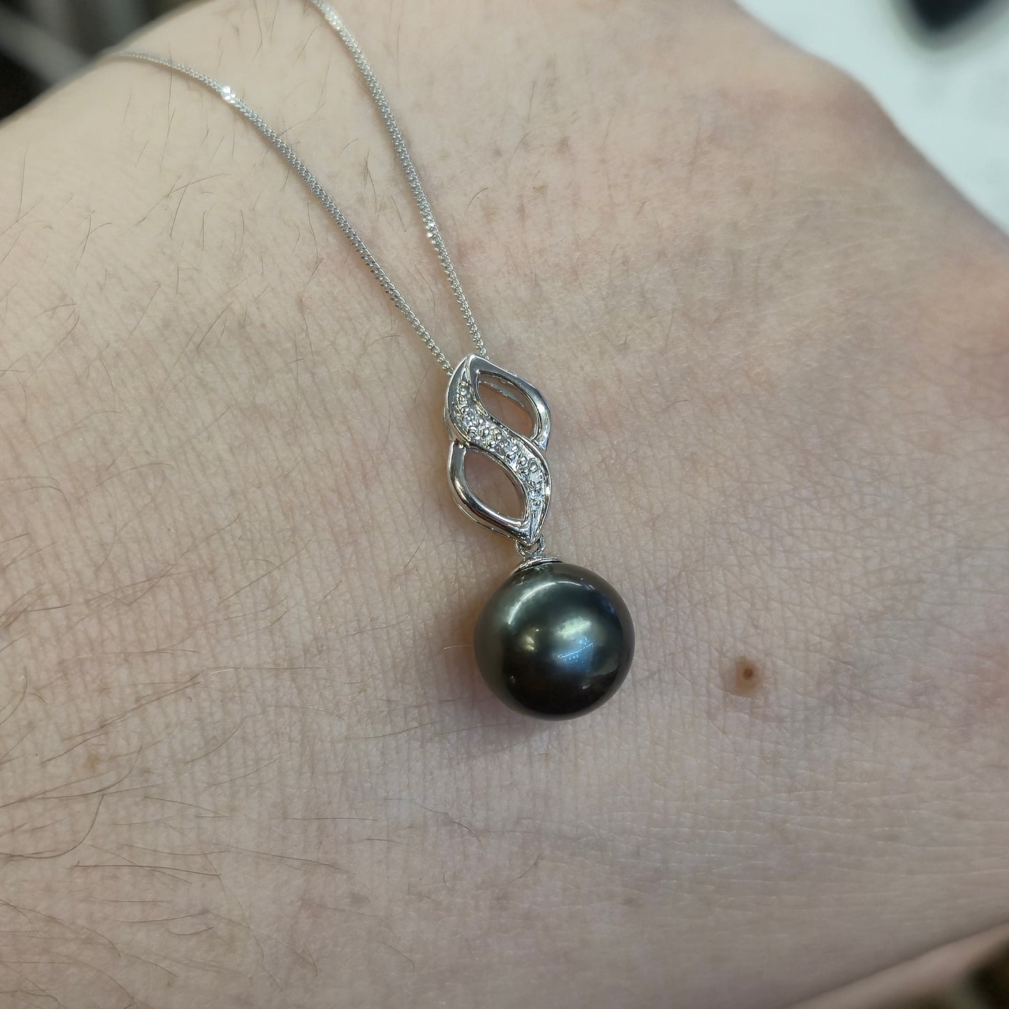 9ct White Gold Black Pearl and Diamond Pendant and Chain Necklace