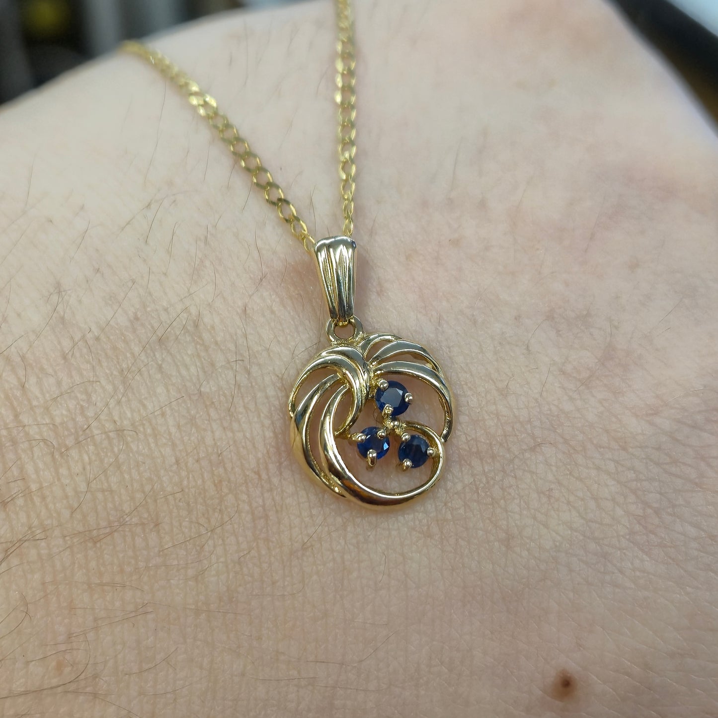 9ct Yellow Gold Sapphire Openwork Swirly Necklace and Earring Set