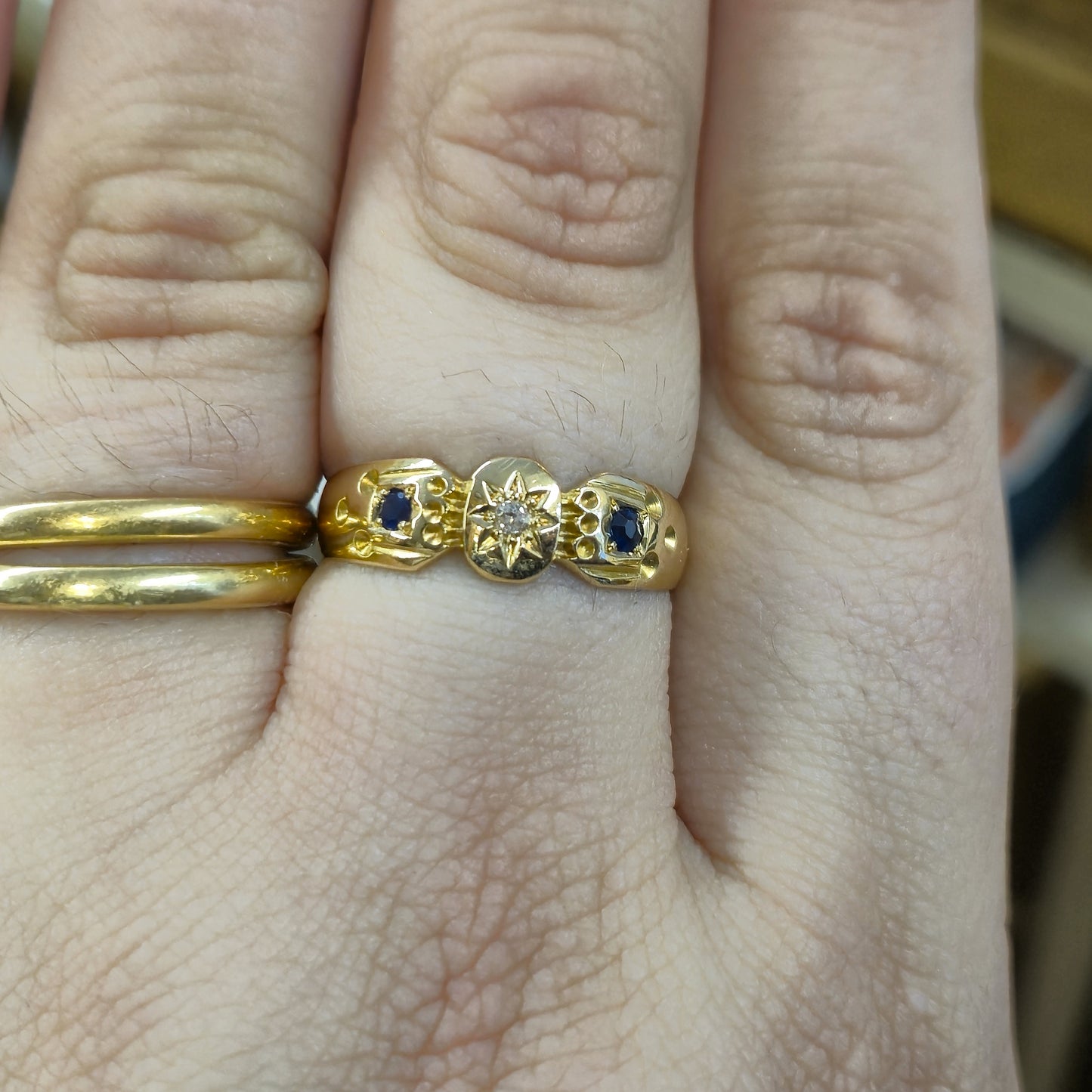 18ct Yellow Gold Antique Victorian Sapphire and Diamond Ring Chester 1899