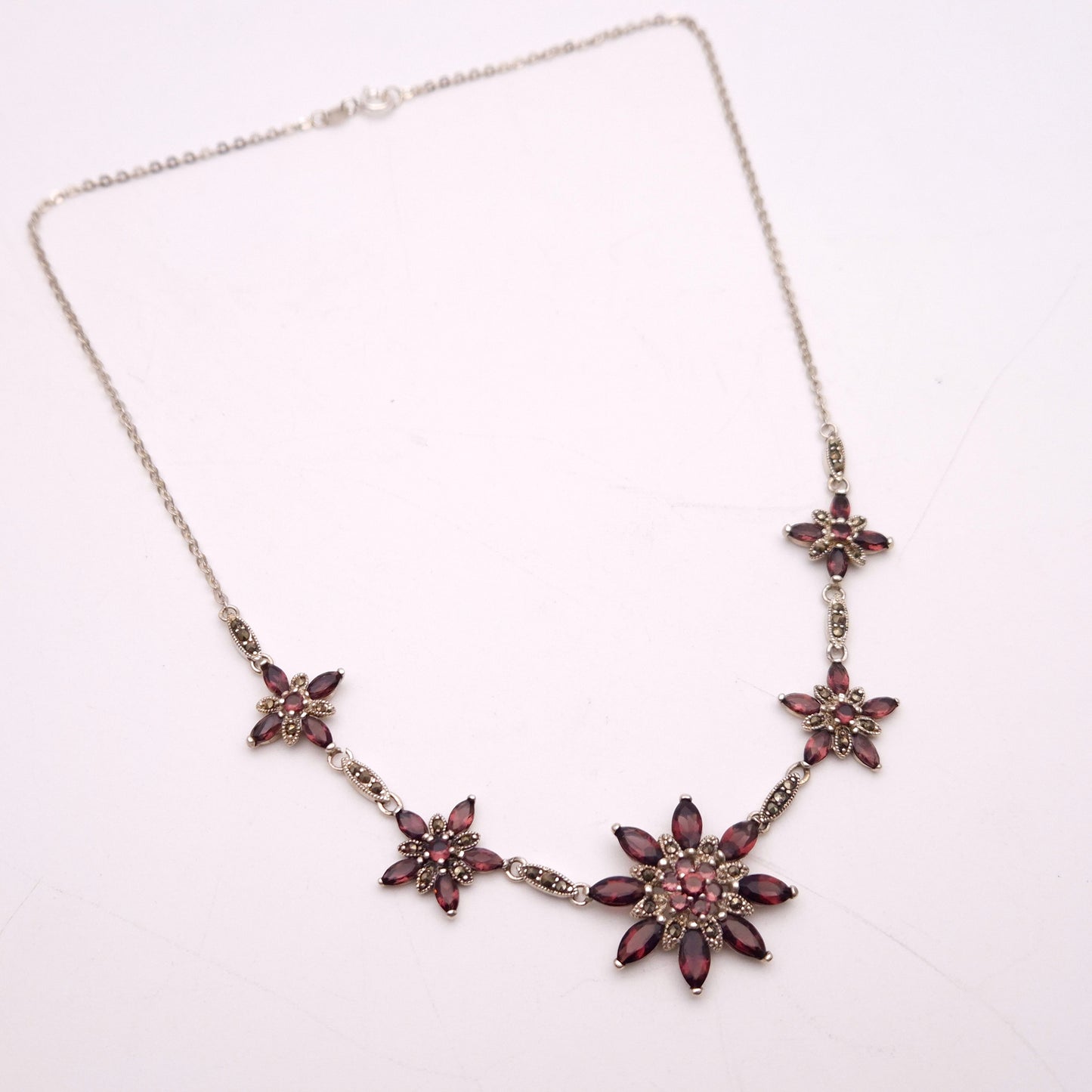 Sterling Silver Garnet and Marcasite Floral Necklace