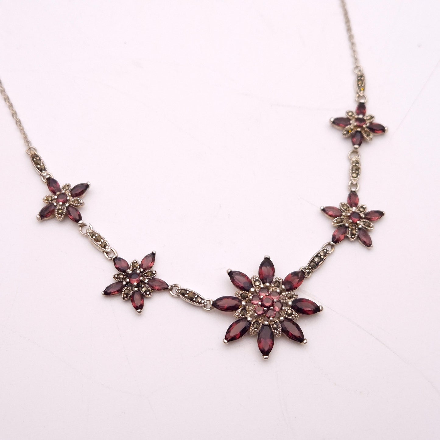 Sterling Silver Garnet and Marcasite Floral Necklace
