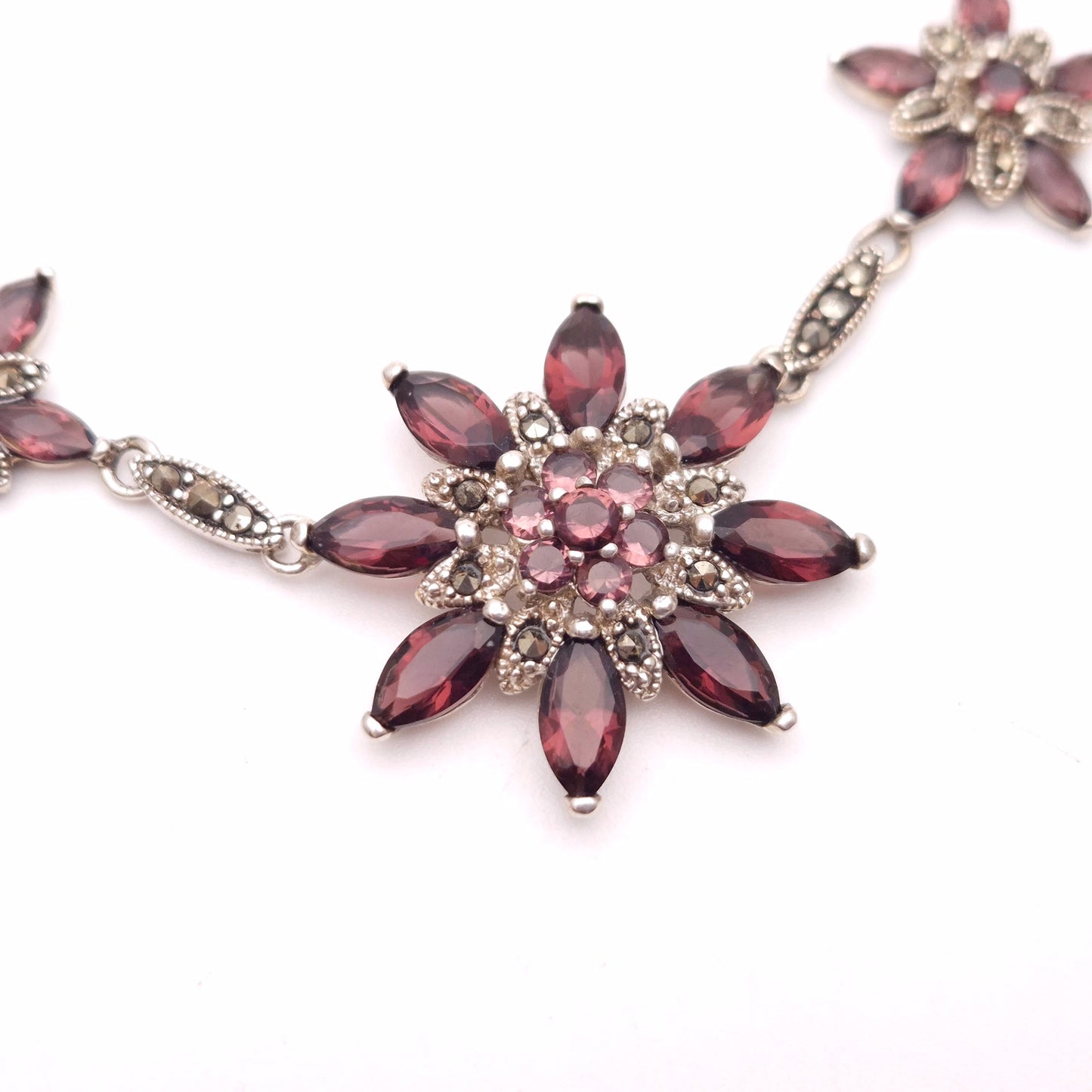 Sterling Silver Garnet and Marcasite Floral Necklace