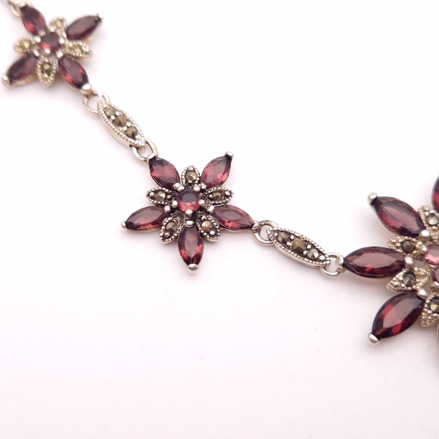 Sterling Silver Garnet and Marcasite Floral Necklace
