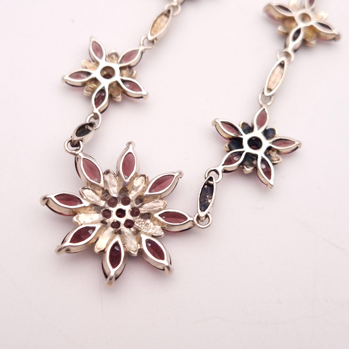Sterling Silver Garnet and Marcasite Floral Necklace