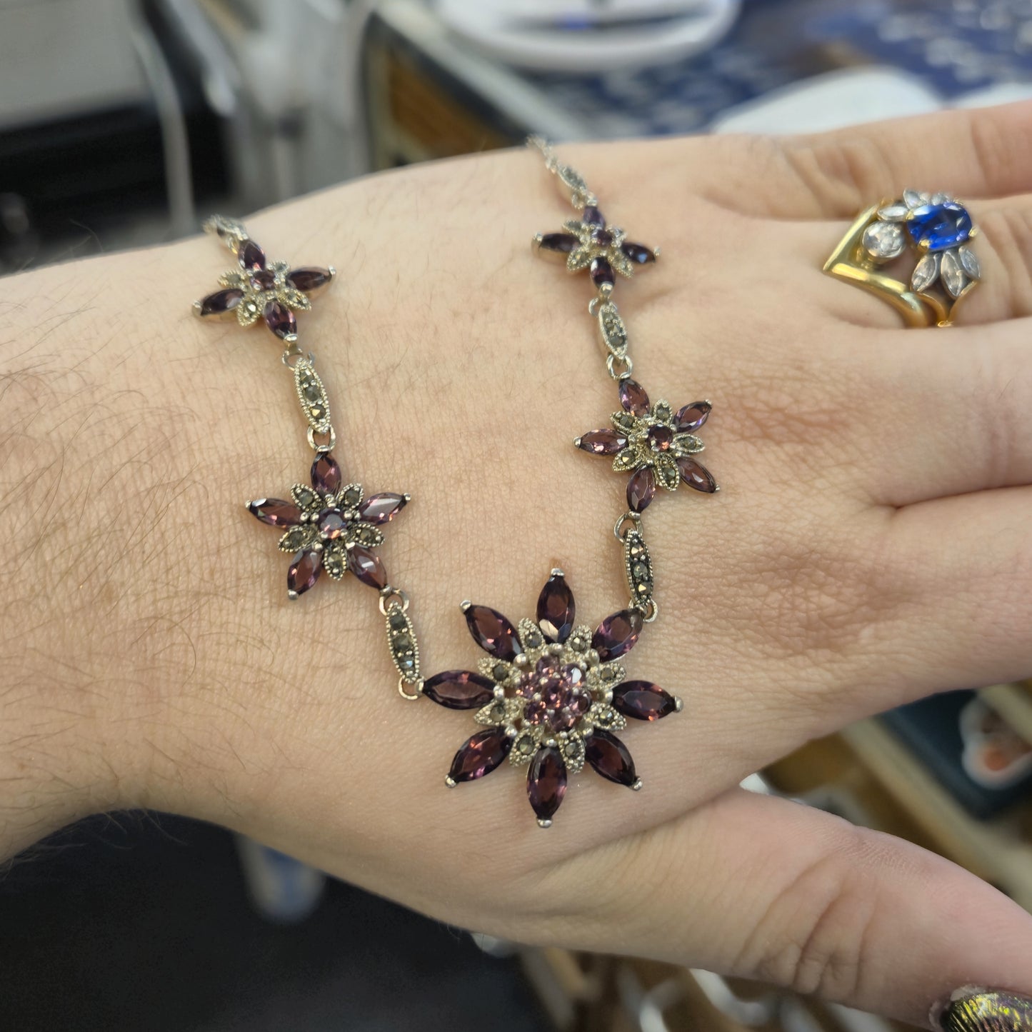 Sterling Silver Garnet and Marcasite Floral Necklace