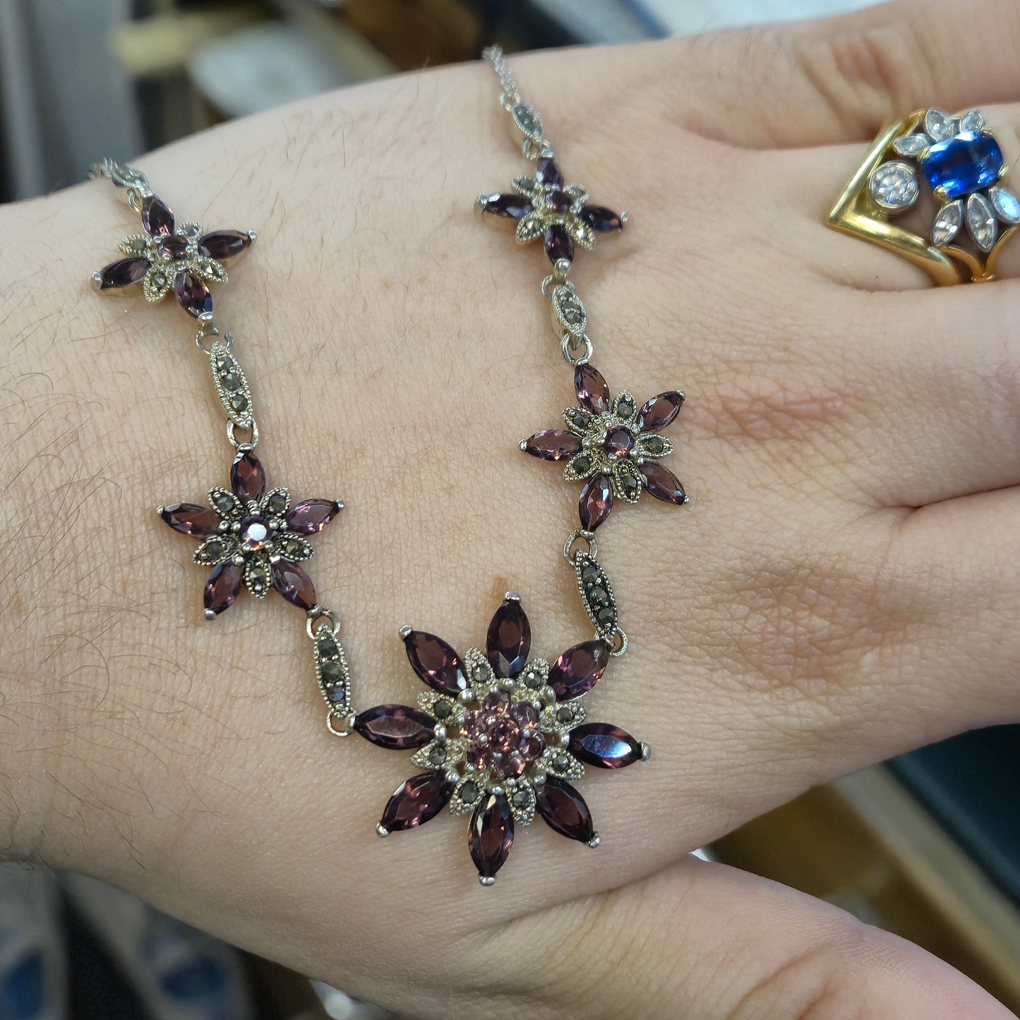Sterling Silver Garnet and Marcasite Floral Necklace