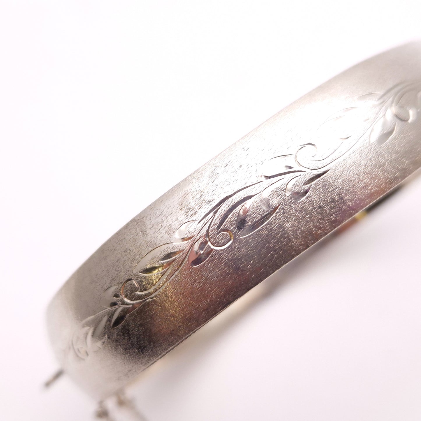 Sterling Silver Brushed Effect Half Engraved Patterned Bangle