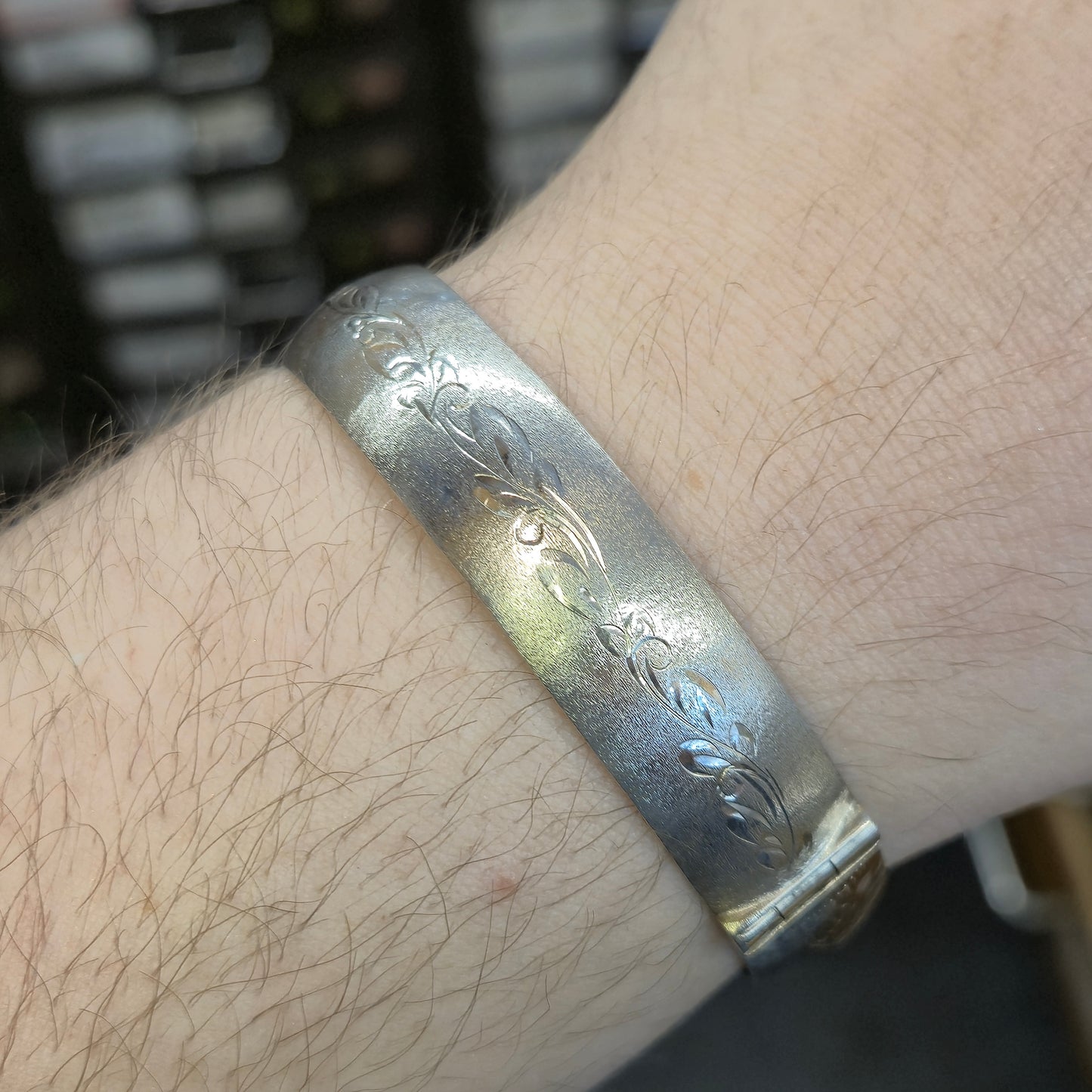 Sterling Silver Brushed Effect Half Engraved Patterned Bangle