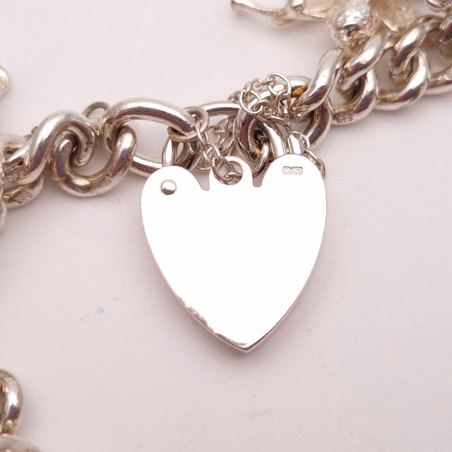 Sterling Silver Multi Charm Heart Padlock Charm Bracelet inc. key,cottage,cherub