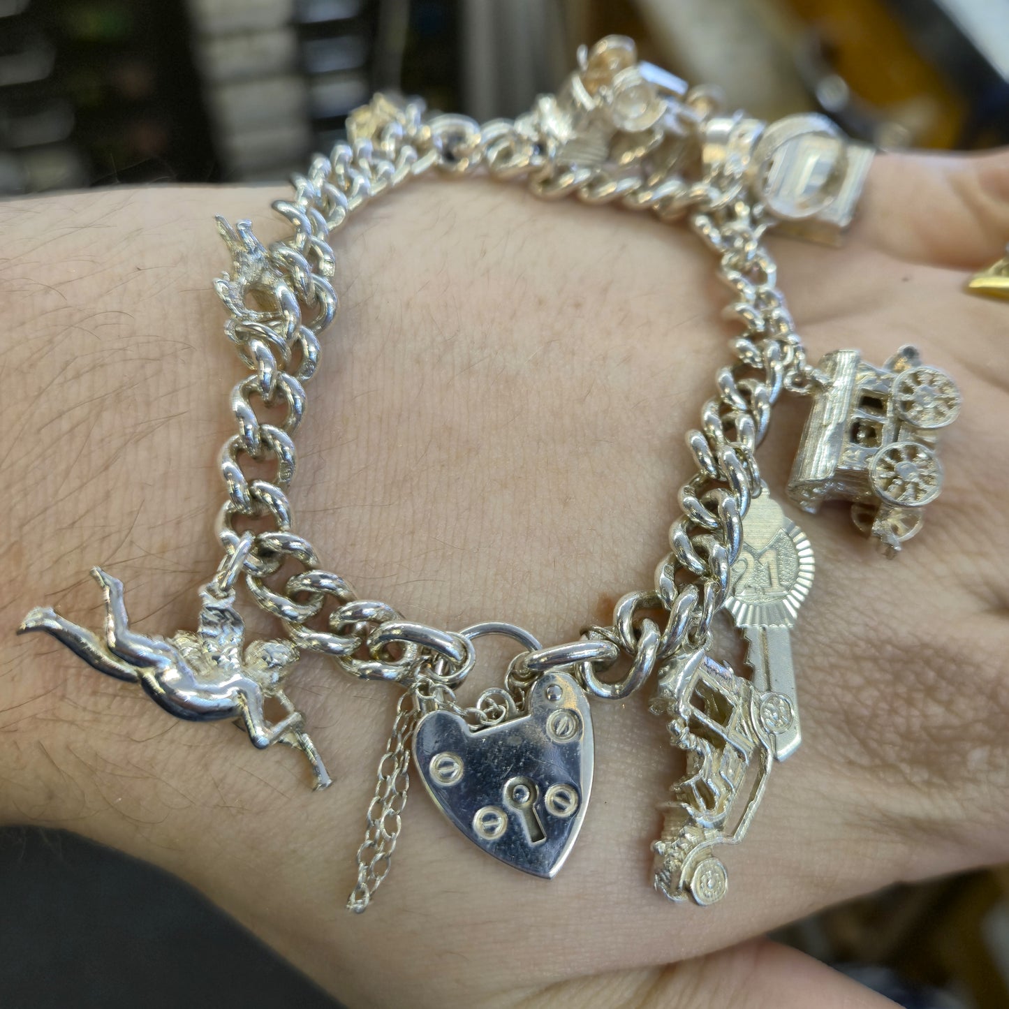 Sterling Silver Multi Charm Heart Padlock Charm Bracelet inc. key,cottage,cherub