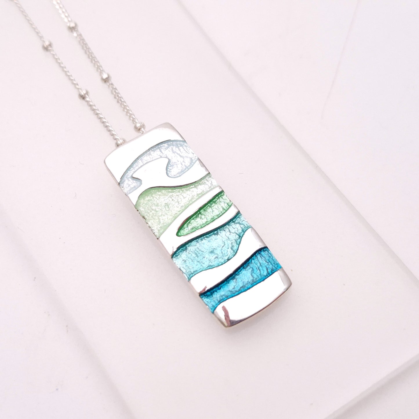 Sterling Silver Multi-coloured Blue Enamel Rectangular Pendant Necklace