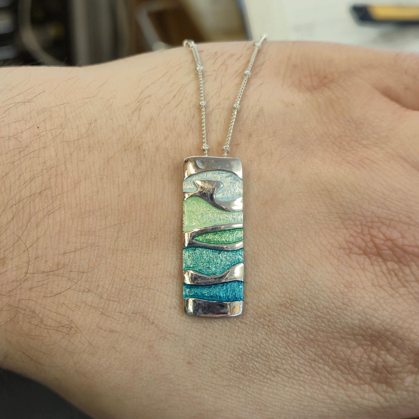 Sterling Silver Multi-coloured Blue Enamel Rectangular Pendant Necklace