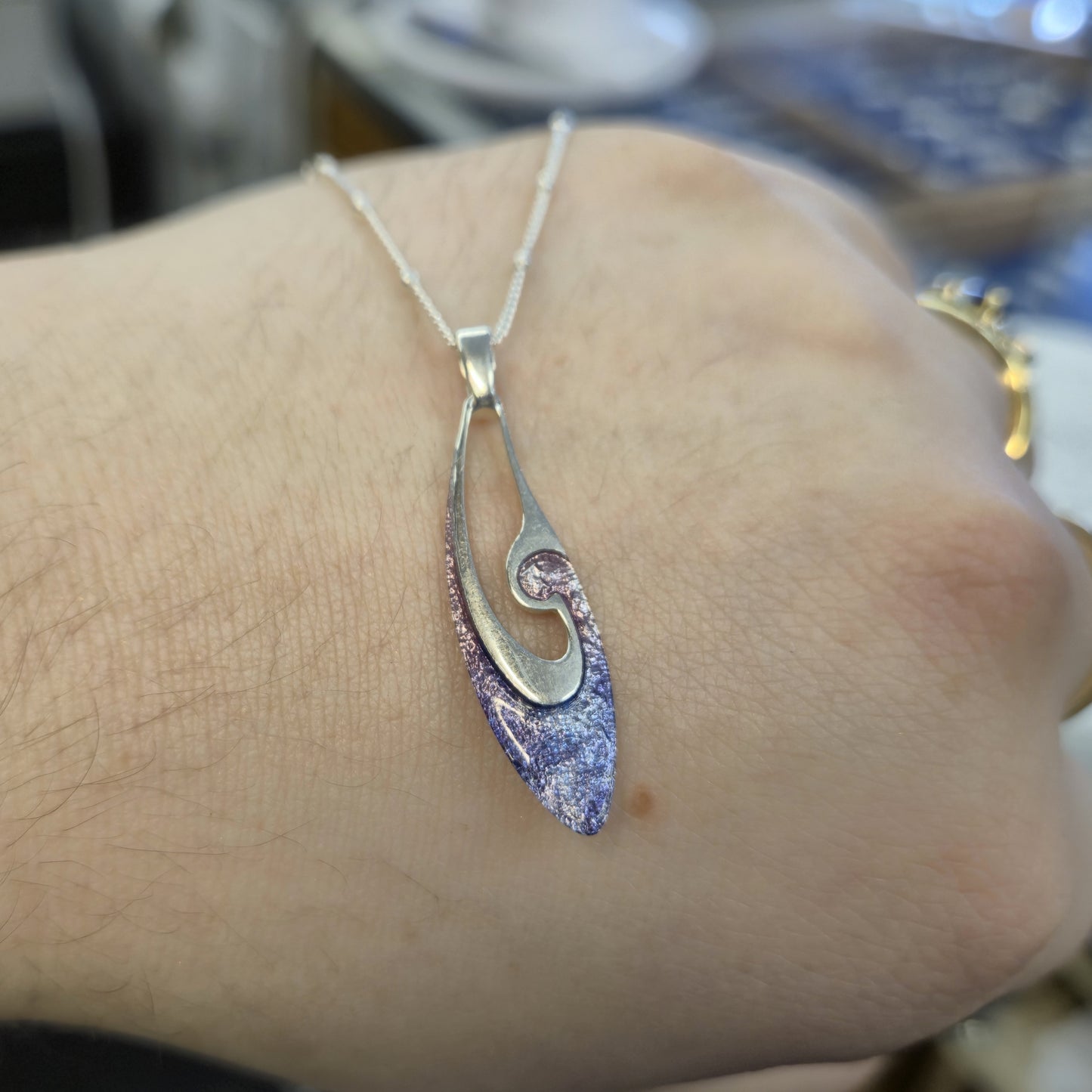 Sterling Silver Abstract Pink / Purple Open Enamel Pendant Necklace