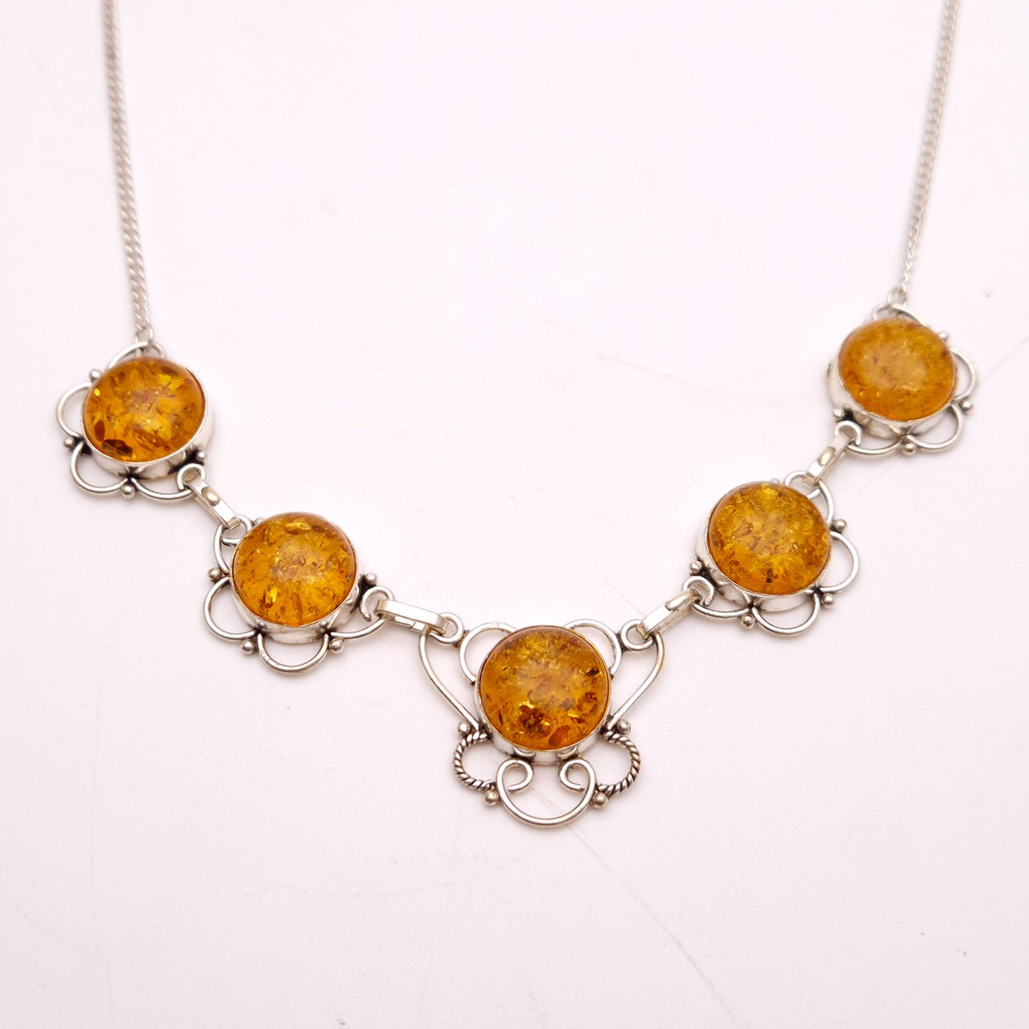 Sterling Silver Filigree Amber Multi-Stone Necklace