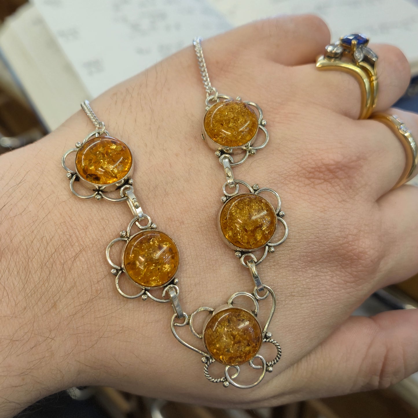Sterling Silver Filigree Amber Multi-Stone Necklace