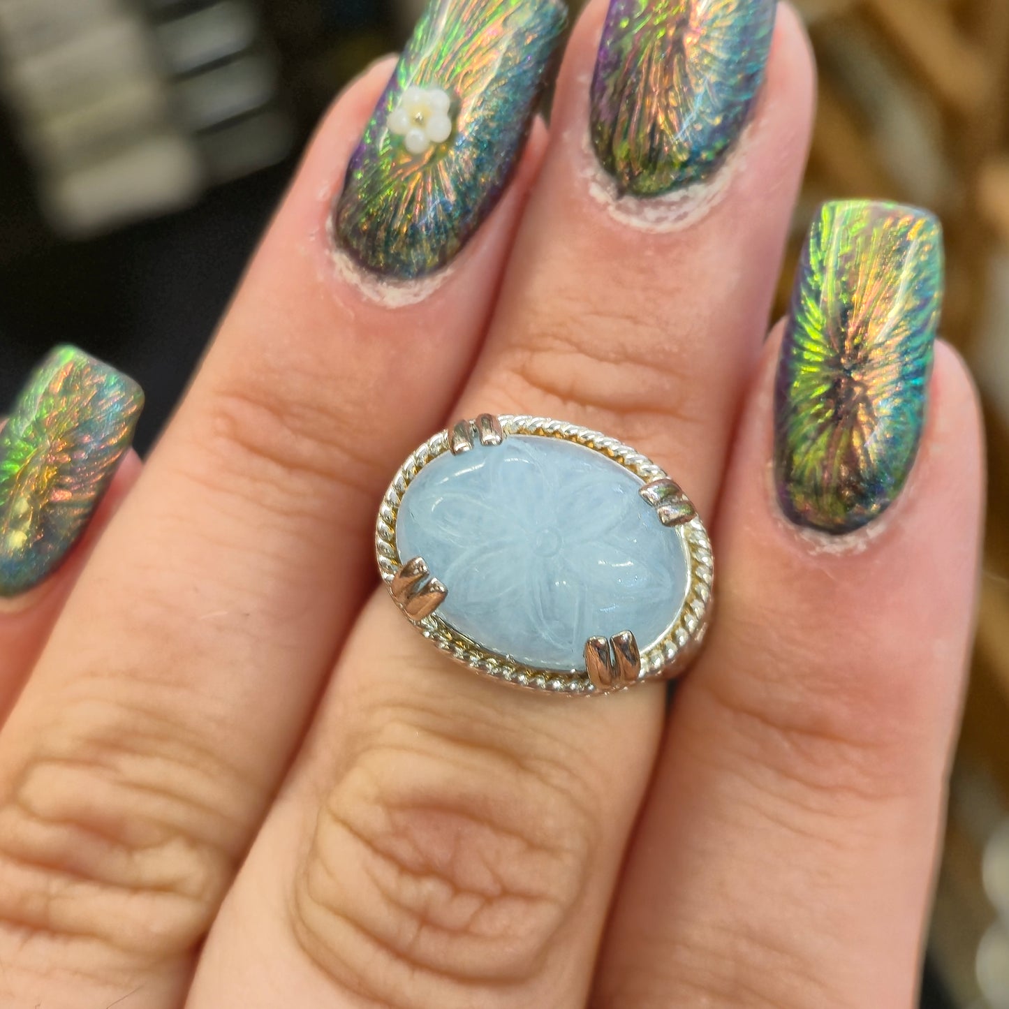 Sterling Silver Statement Floral Carved Dyed Jade High Set Ring
