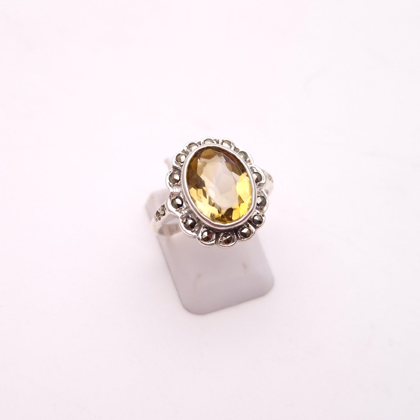 Sterling Silver Yellow Topaz and Marcasite Cluster Ring