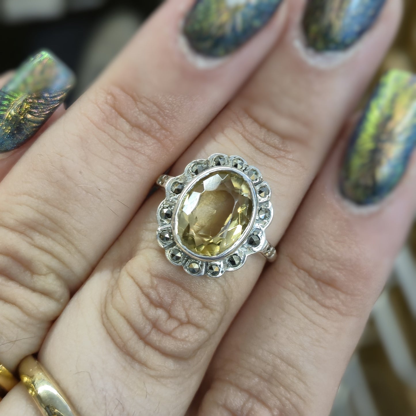 Sterling Silver Yellow Topaz and Marcasite Cluster Ring