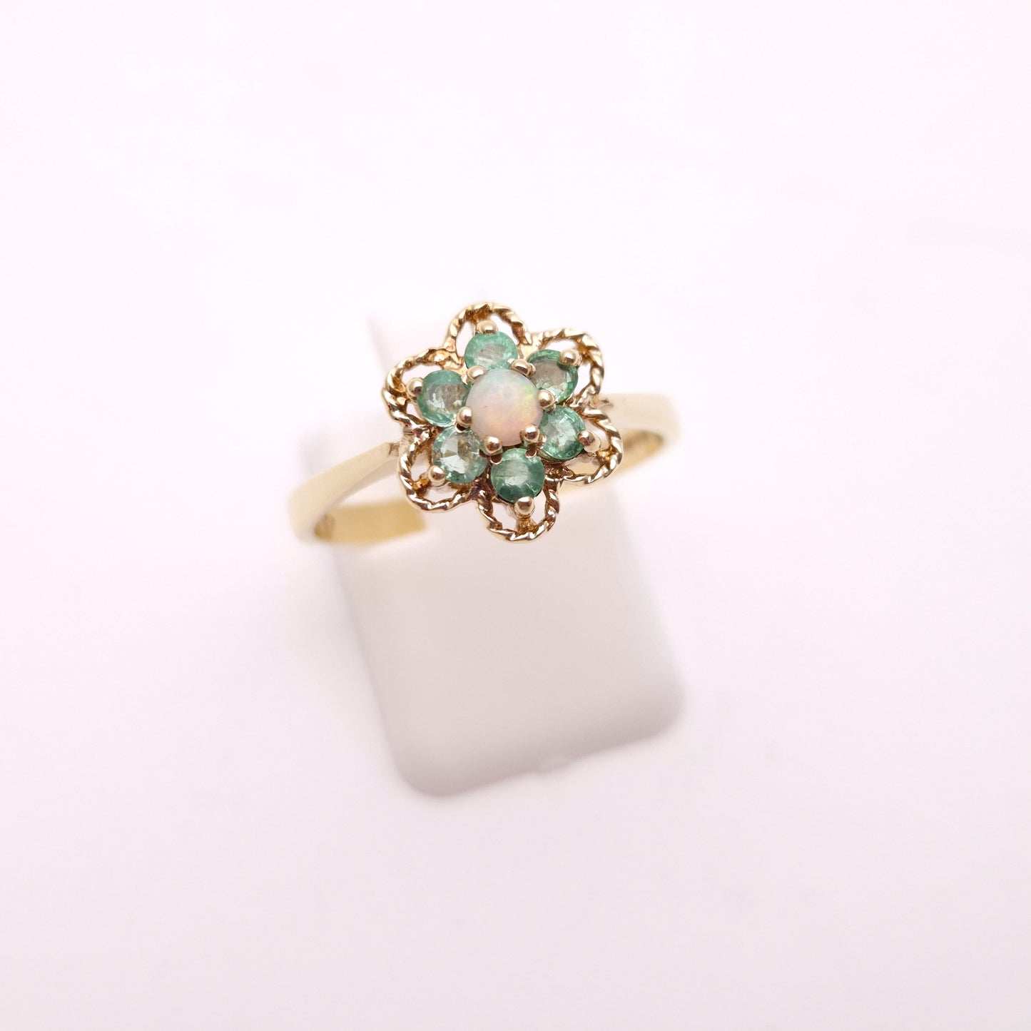 9ct Yellow Gold Cute Emerald and Opal Flower Cluster Ring