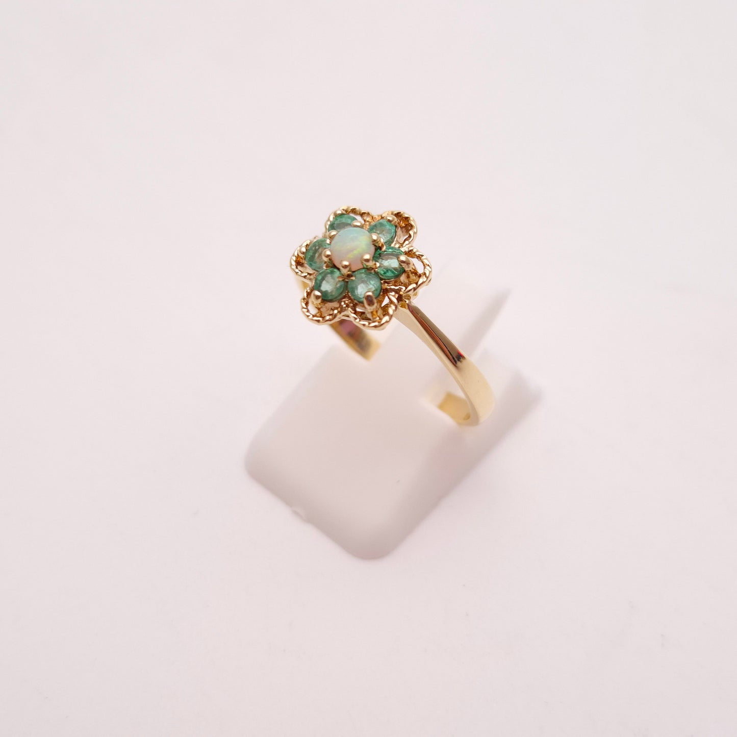 9ct Yellow Gold Cute Emerald and Opal Flower Cluster Ring
