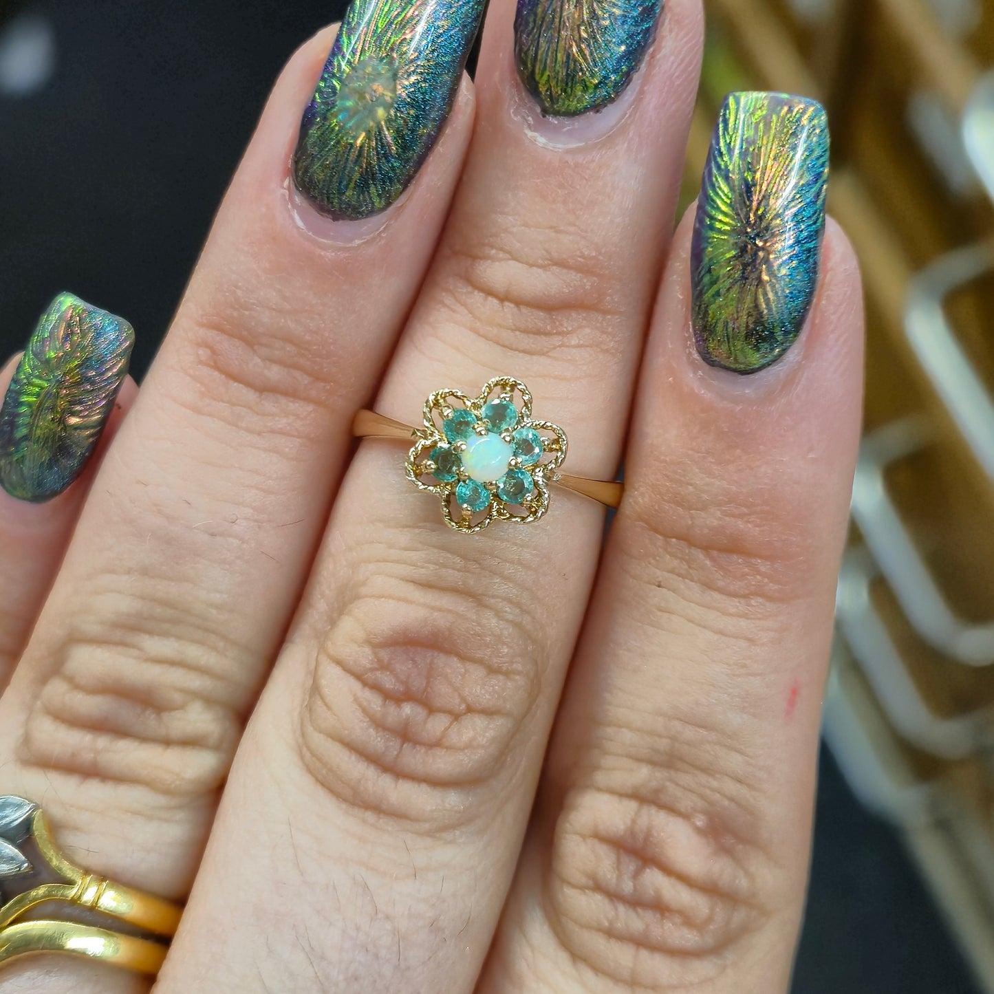 9ct Yellow Gold Cute Emerald and Opal Flower Cluster Ring