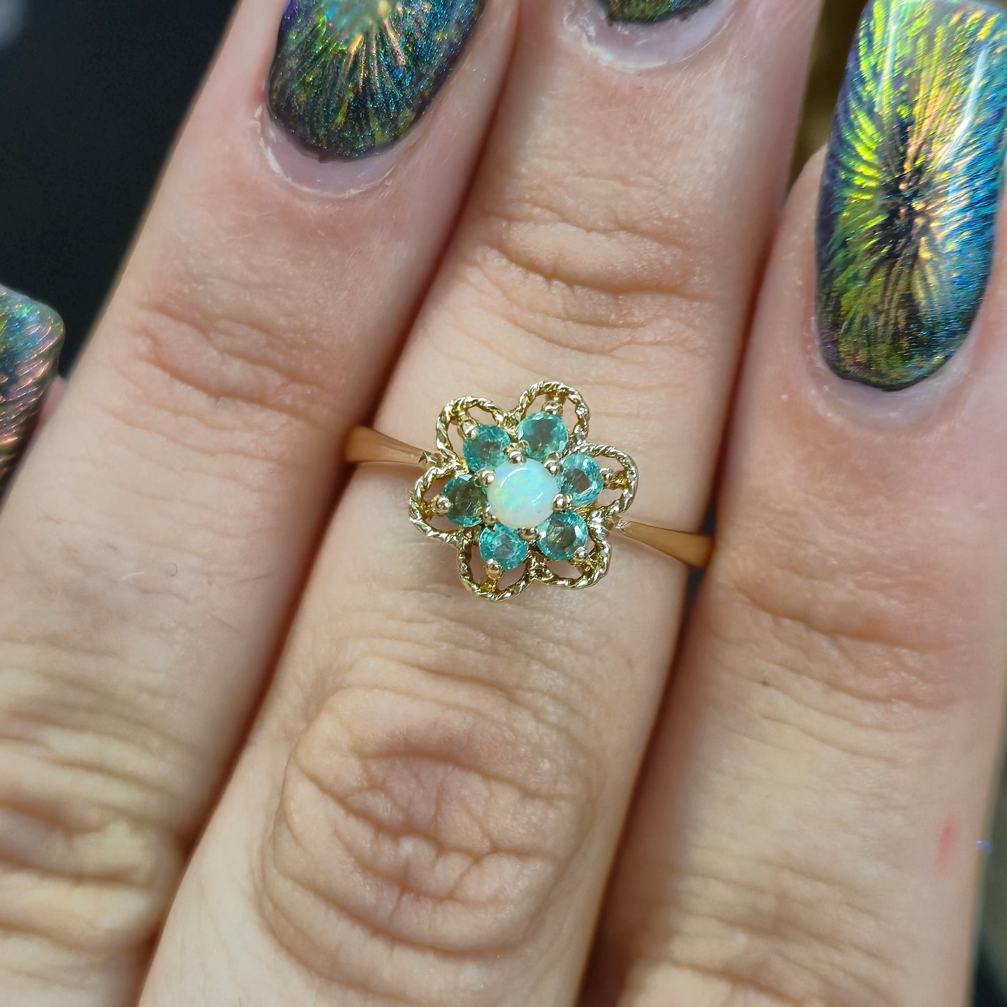 9ct Yellow Gold Cute Emerald and Opal Flower Cluster Ring