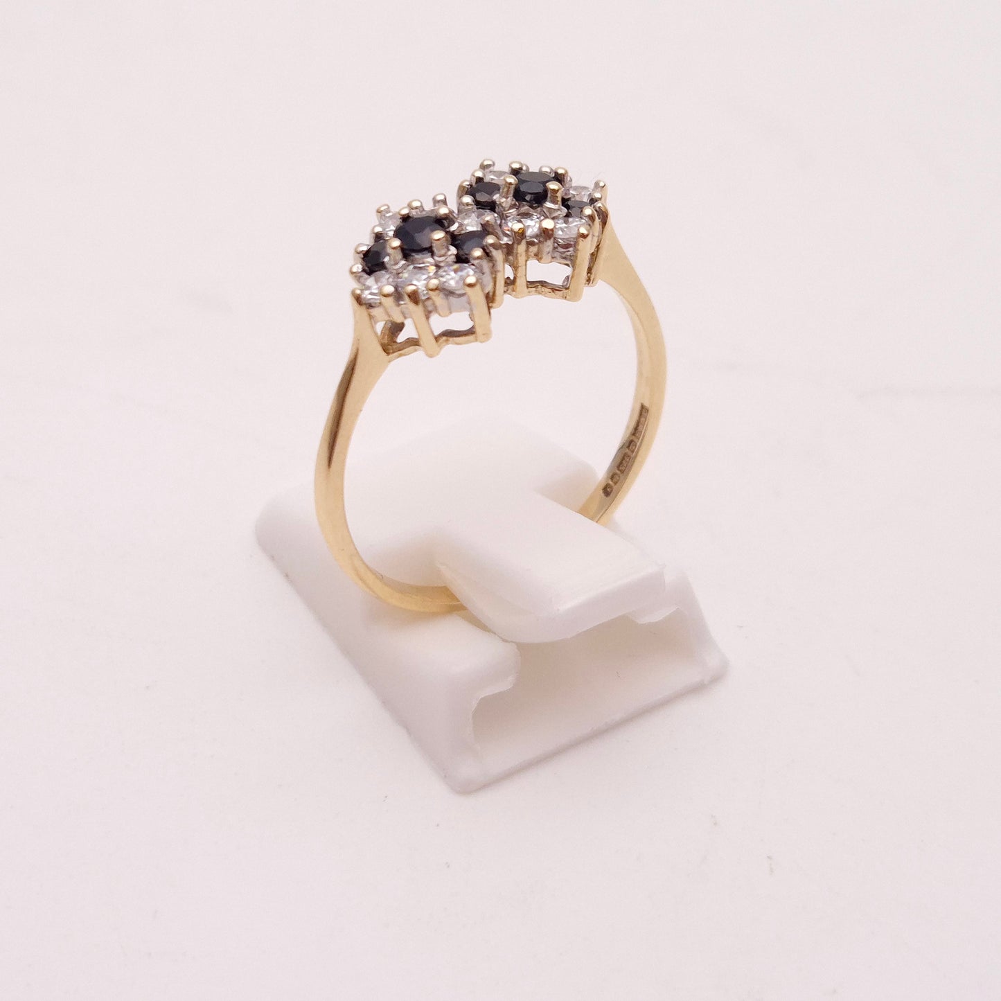 9ct Yellow Gold Vintage Sapphire and White Stone Deco Style Cluster Ring